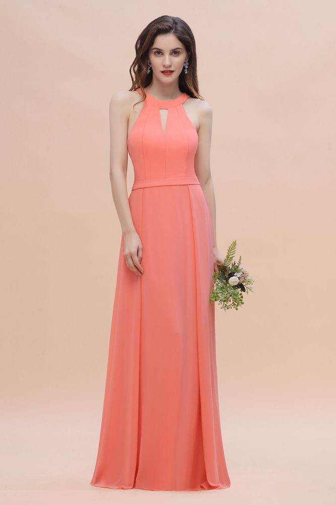 Halter Chiffon Floor Length Wedding Guest Dress Aline Bridesmaid Dress