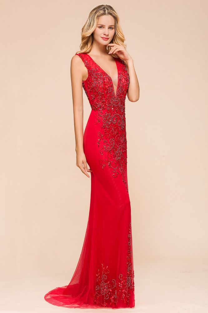 Sexy Open Back Plunging V-neck Sleeveless Ruby Red A-line Prom Dress with Beaded Belt