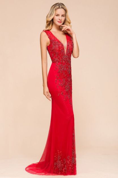 Sexy Open Back Plunging V-neck Sleeveless Ruby Red A-line Prom Dress with Beaded Belt