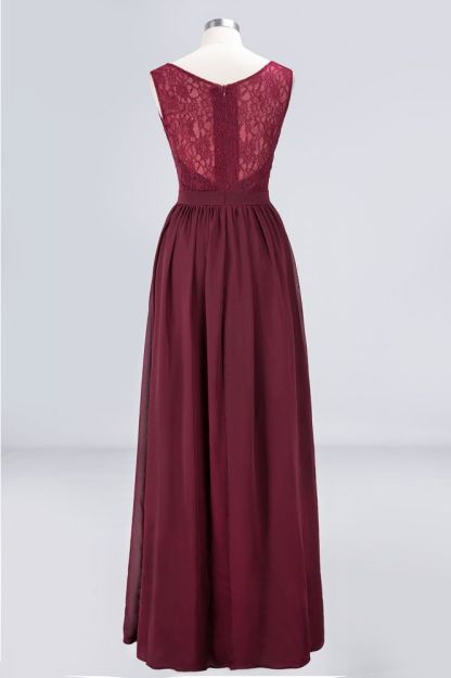 Chiffon A-Line Lace V-Neck Sleeveless Long Bridesmaid Dress with Ruffles
