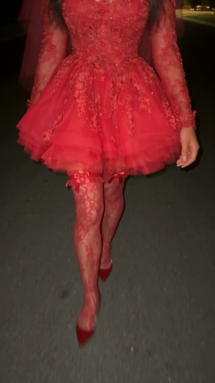 Long sleeves puffy red knee length homecoming dress