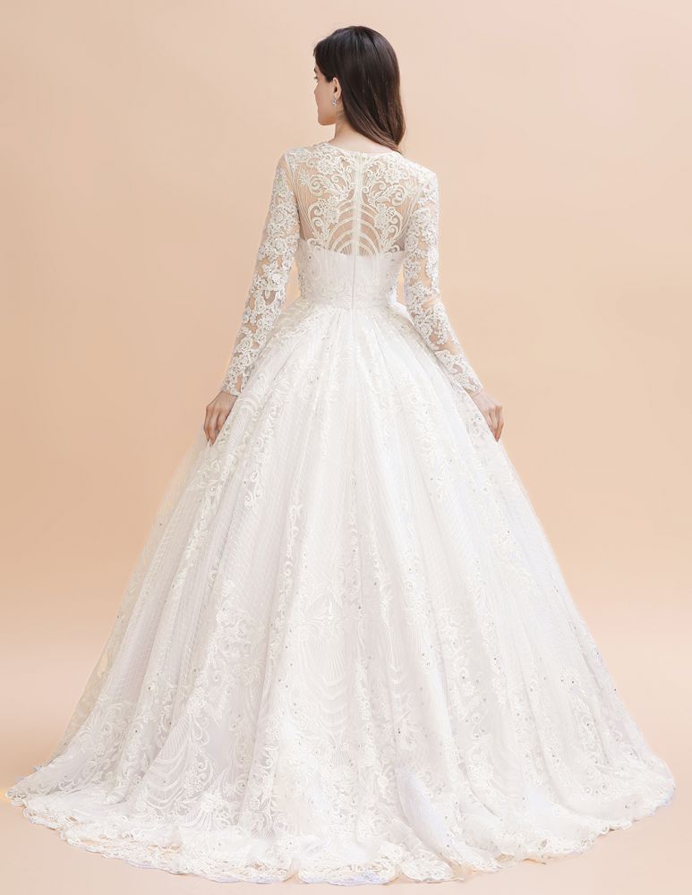 Glamorous Long Sleeve Beads White/Ivory Lace Appliques Wedding Dress