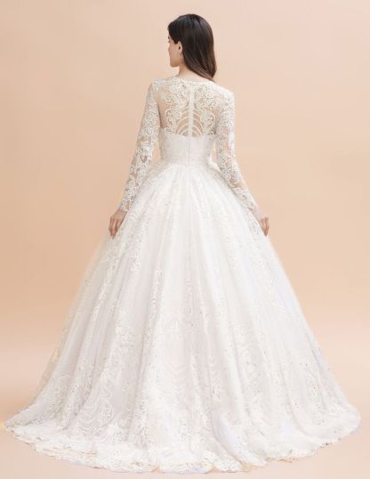Glamorous Long Sleeve Beads White/Ivory Lace Appliques Wedding Dress