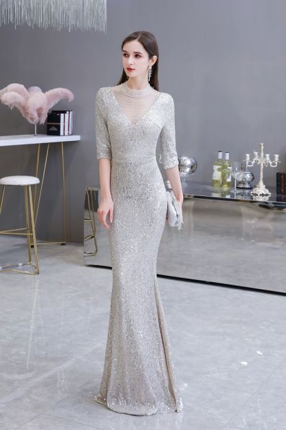 Gorgeous Silver Long sleeves Long Prom Dress