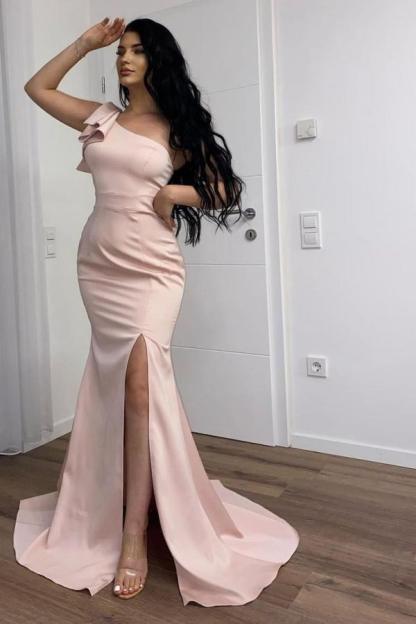Satin One-shoulder Split Front Floor-Length Prom Dress