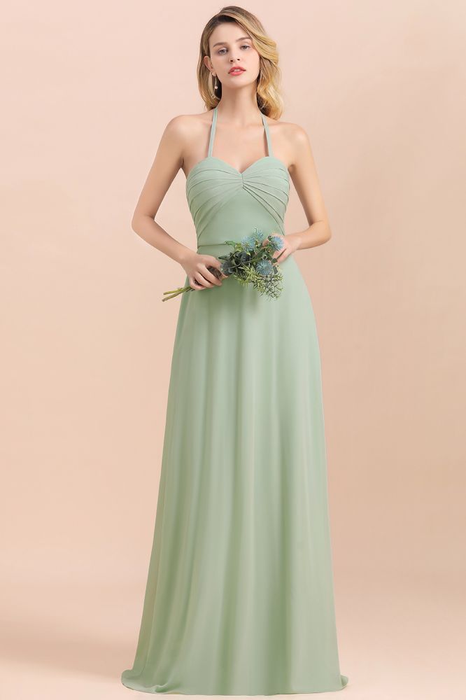 Chic halter Sage Color Aline Bridesmaid Dress Sweetheart Chiffon Long Wedding Guest Dress