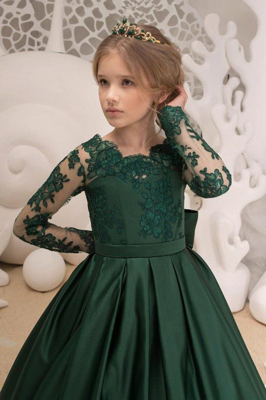 Newest Satin Dark Green Jewel Lace Backless Flower Girl Dresses With Bow| Long Sleeves Floor Length Girl Party Dresses-Babyonlinewholesale