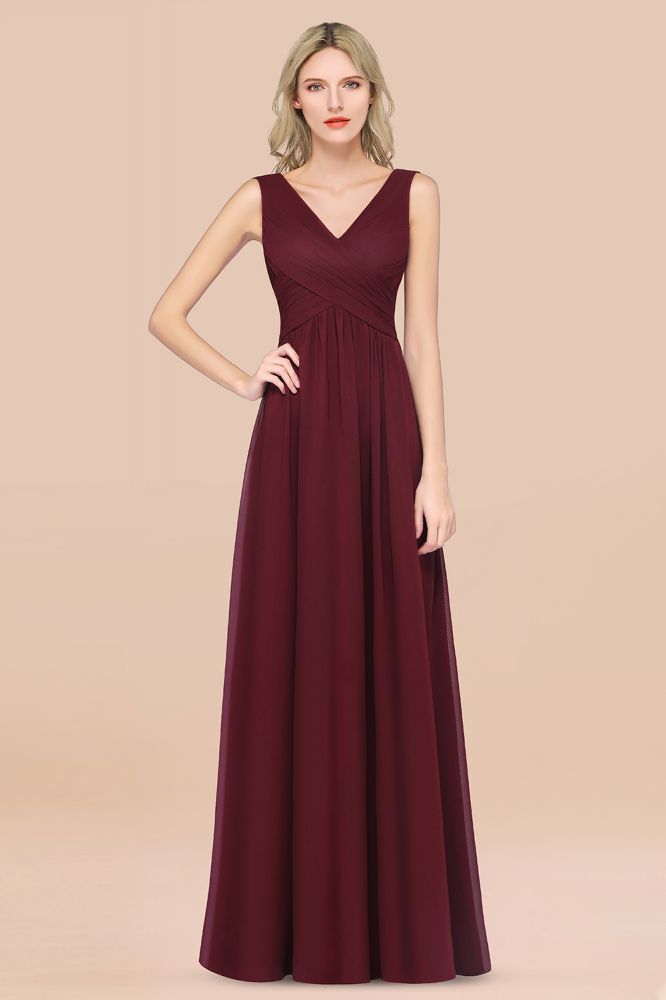 Chiffon A-Line Straps V-Neck Sleeveless Long Bridesmaid Dress with Ruffles