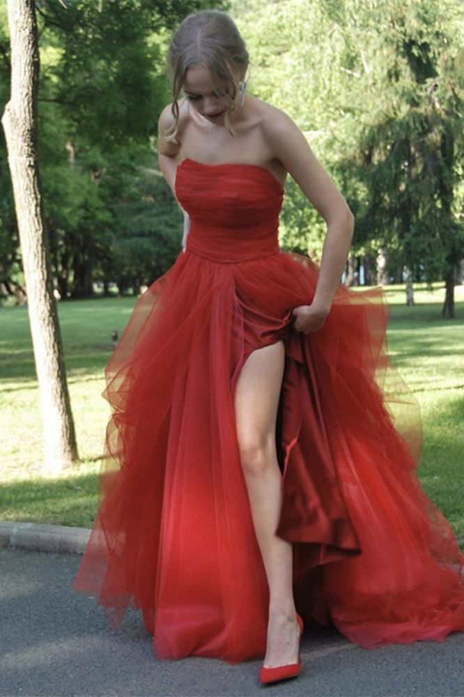 Strapless Red Tulle High Split Ruffles Prom Dresses