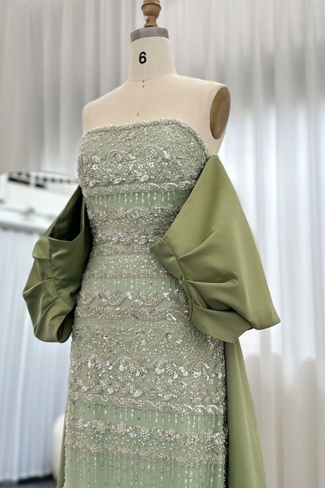 Gorgeous Strapless Glitter Beading Satin Mermaid Evening Gown with Ruffle Chapel Train