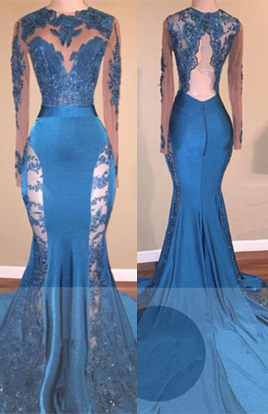 Long Sleeves Lace Appliques Open Back Brush Train Mermaid Prom Gowns