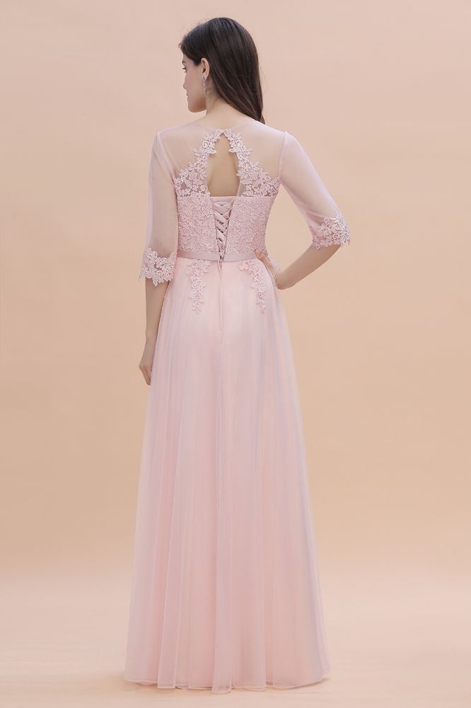 Romantic 3/4 Sleeves Pink Wedding Guest Dress Lace Appliques