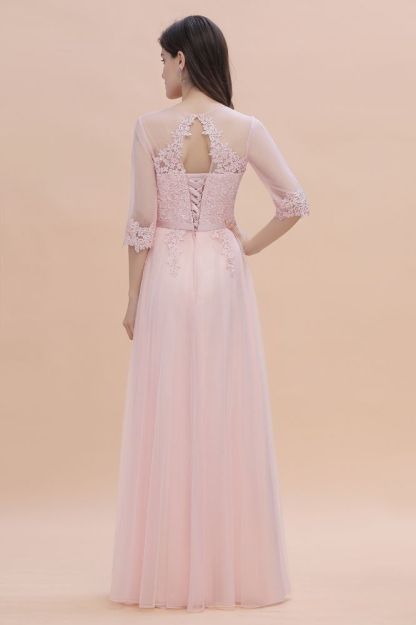 Romantic 3/4 Sleeves Pink Wedding Guest Dress Lace Appliques