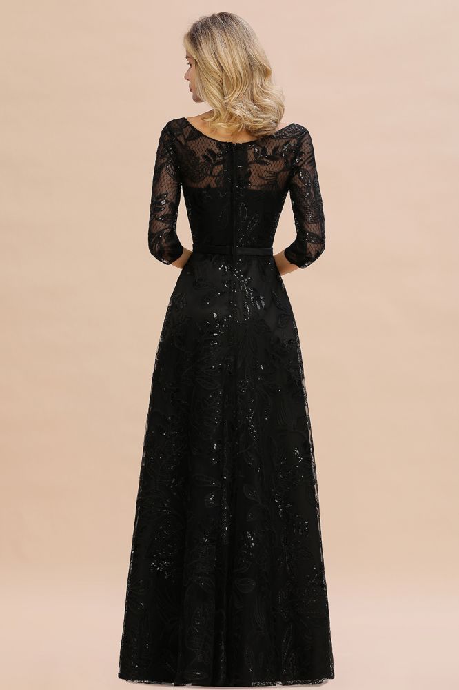 Acacia | Scoop neck Long Sleeves Black Prom Dresses with Sparkly Floral Designs