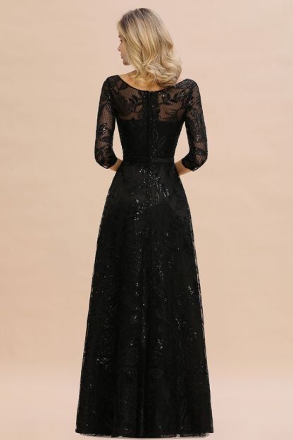 Acacia | Scoop neck Long Sleeves Black Prom Dresses with Sparkly Floral Designs