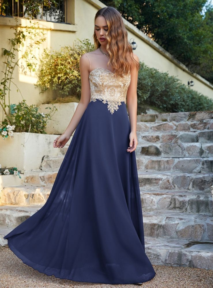 Sleeveless Lace Appliques Long Prom Dresses Chiffon Evening Party Gown