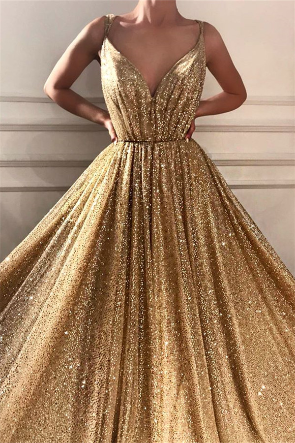 Glamorous Sequins Spaghetti Straps Long Prom Dress | Sparkle V Neck Sleeveless Gold Prom Dress