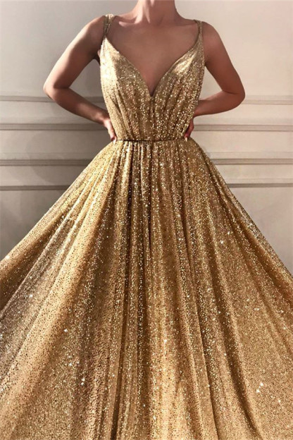 Glamorous Sequins Spaghetti Straps Long Prom Dress | Sparkle V Neck Sleeveless Gold Prom Dress