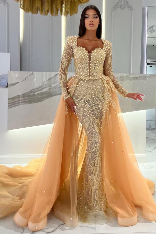 Champange mermaid long sleeves sweetheart prom dress with tulle overskirt