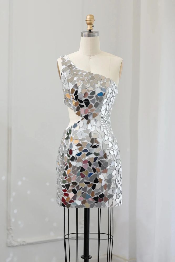 Silver Mirror-Cut Sequins One Shoulder Short Homecoming Dress
