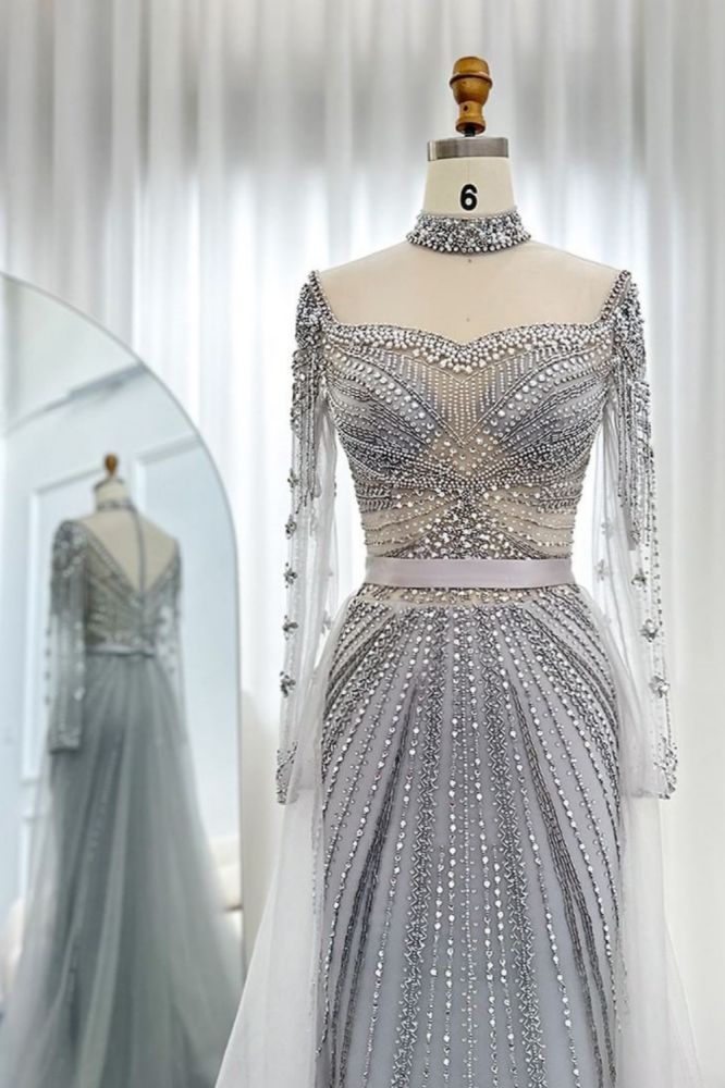 Gorgeous High Neck Beading Sequins Mermaid Evening Gown Long Sleeves Tulle Party Dress with Sweep Train-Babyonlinewholesale