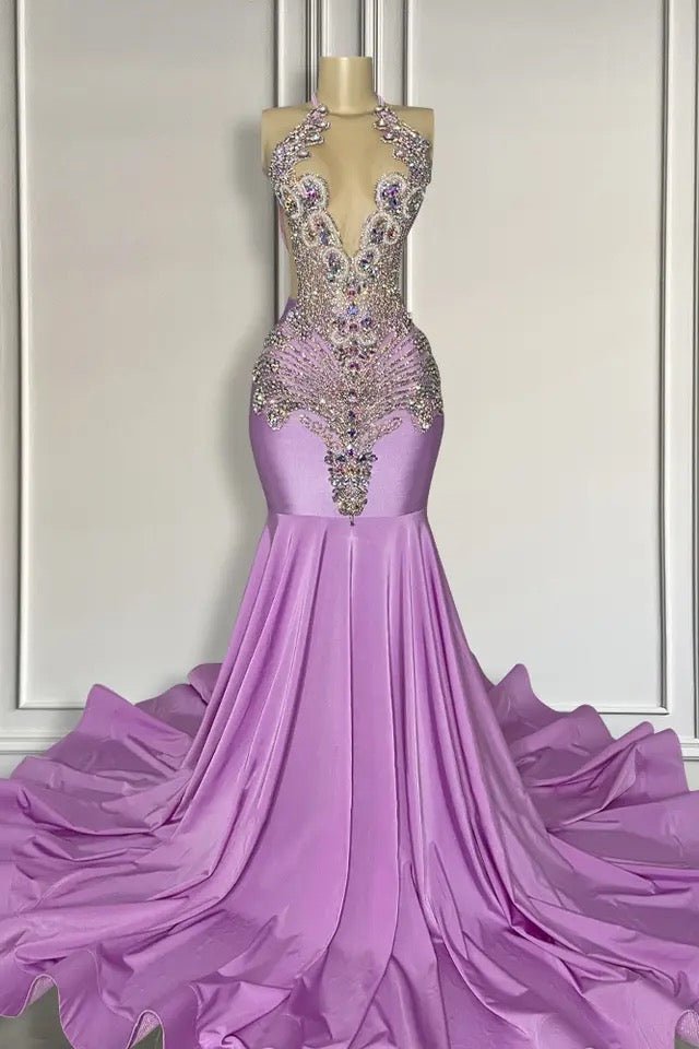 Lilac Sweetheart Satin Beaded Mermaid Prom Dresses