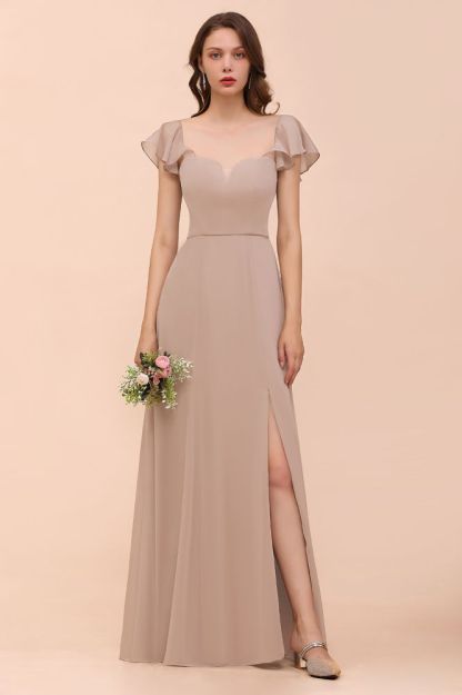 Cap Ruffle Sleeves Bridesmaid Dress with Side Slit
