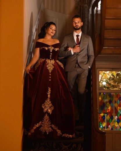 Off-the-shoulder Dark Burgundy Golden appliques Ball Gown Evening Dress