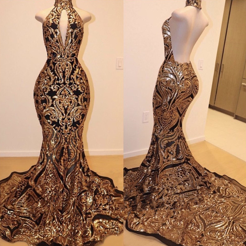 Halter Keyhole Neckline Sequins Appliqued Mermaid Prom Dresses