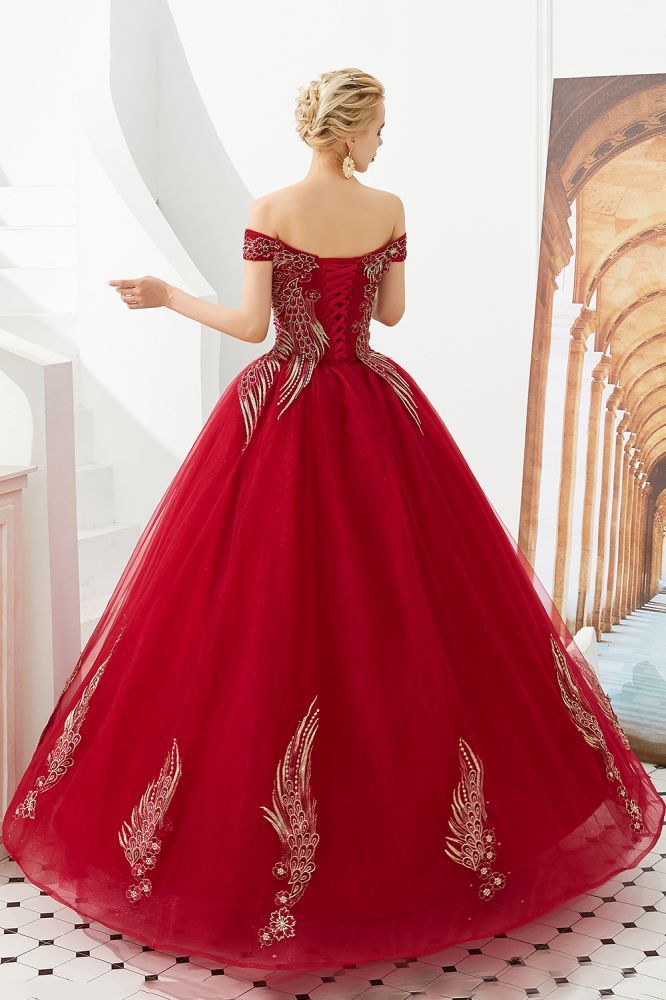 Henry | Elegant Off-the-shoulder Princess Red/Mint Prom Dress with Wing Emboirdery