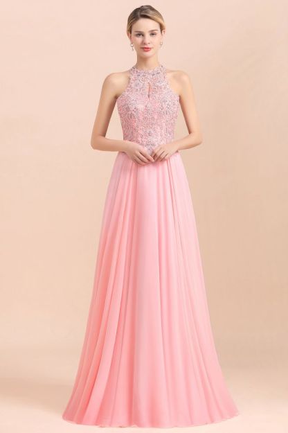 Modest Pink Pears Beaded A-line Halter Bridesmaid Dresses