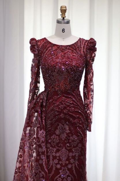 Luxury Scoop Puffy Sleeves Mermaid Evening Gown Sparkly Beading Floral Appliques Formal Dress with Sweep Train-Babyonlinewholesale