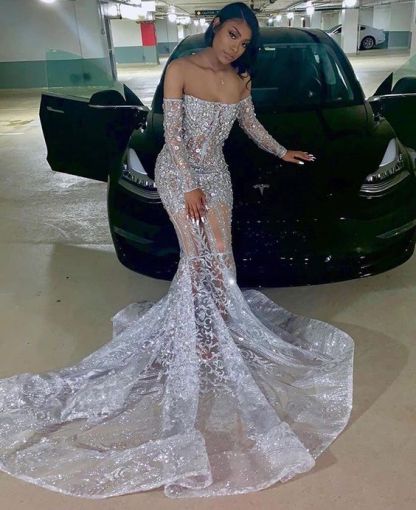 Shiny Silver Off-the-shoulder Long Sleeves Appliques Court Train Mermaid Prom Dresses
