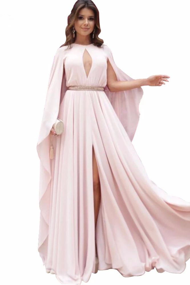 Keyhole Chiffon High split A-line pleats Prom Dress with Shawl