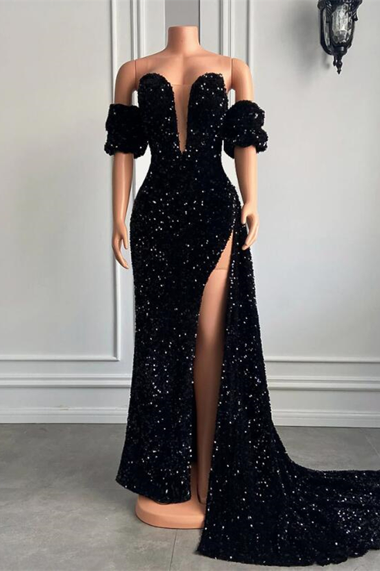 Off the shoulder Black Mermaid High Split Prom Dresses