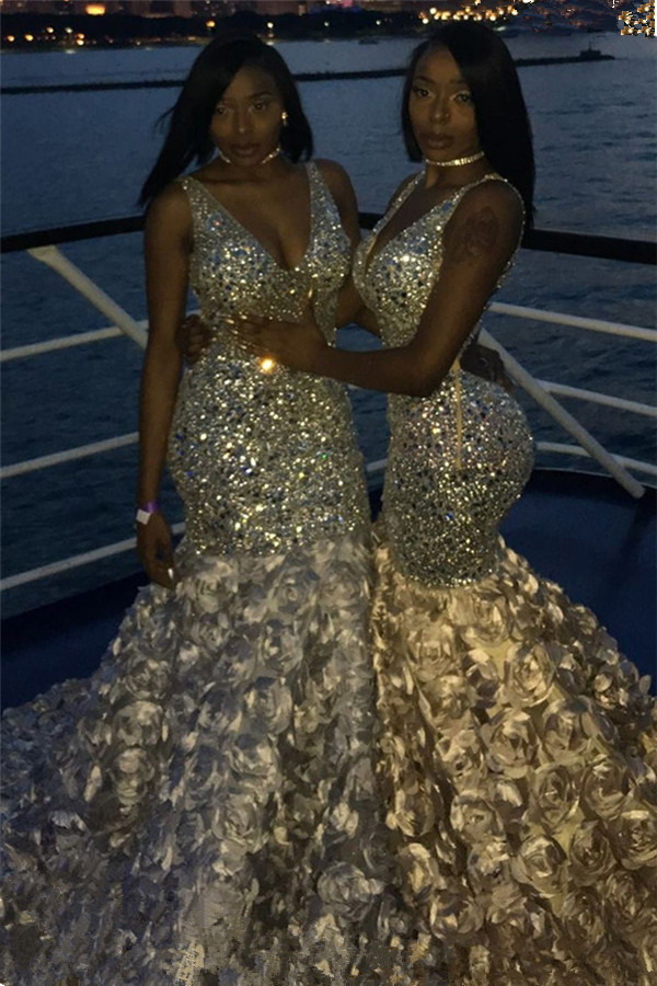 Luxury Sparkle V-neck Sleeveless Sequin Prom Dress with Puffy Flowers Skirt