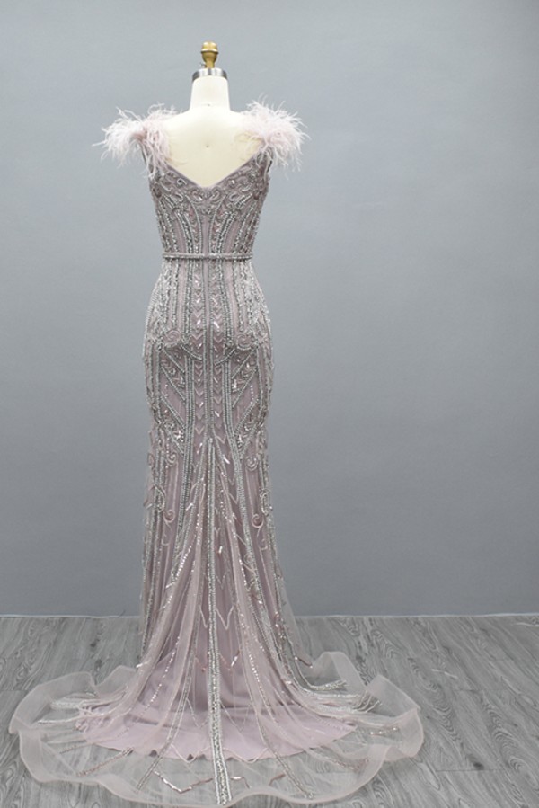 Champange Beaded Feathers neckline Sheath Prom Dress