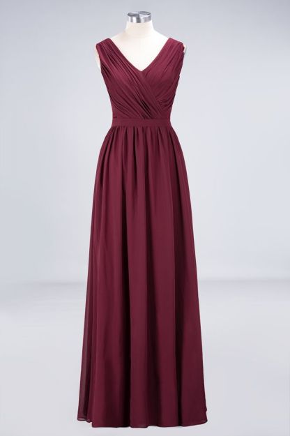 Chiffon A-Line Lace V-Neck Sleeveless Long Bridesmaid Dress with Ruffles