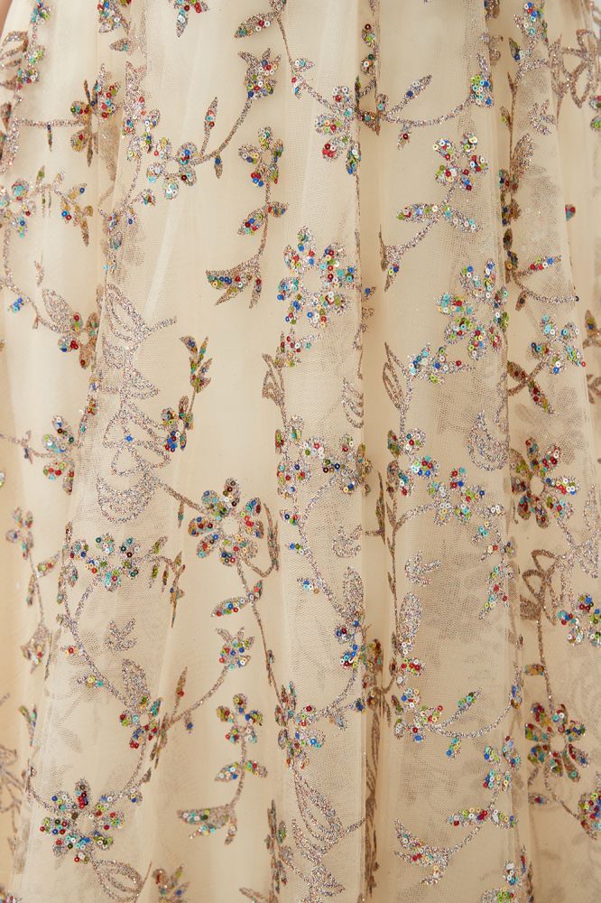 Herbert | Elegant Gold Cold shoulder Prom Dress with Delicate Multi-color Lace Appliques