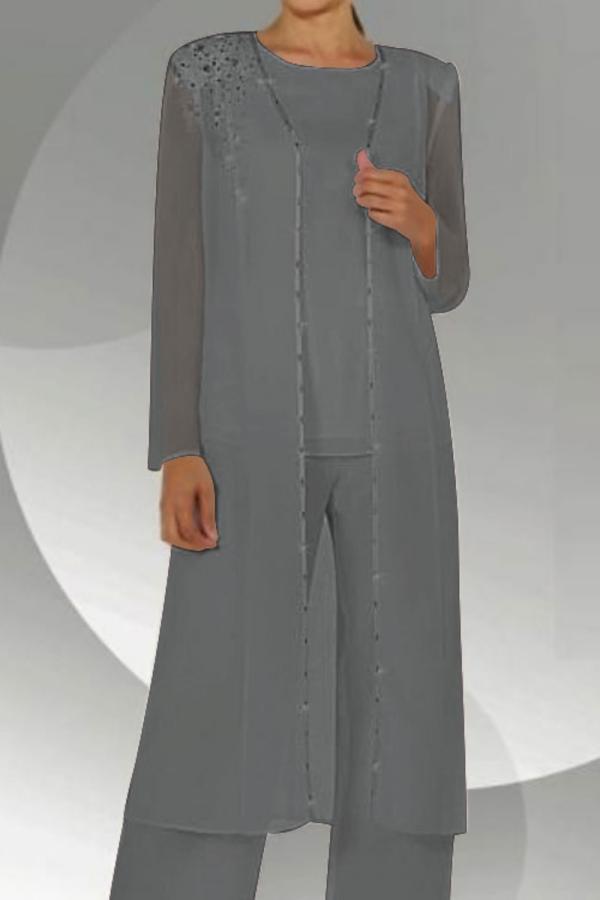 Elegant 3 Piece Jewel Neck Floor Length Chiffon Long Sleeves Jumpsuit Mother of the Bride Dresses