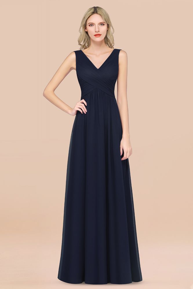 Chiffon A-Line Straps V-Neck Sleeveless Long Bridesmaid Dress with Ruffles