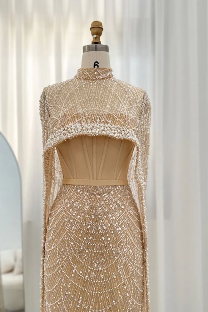 Gorgeous Champagne Cape Sleeves Mermaid Evening Dress Dubai See-through Pearls Party Dress