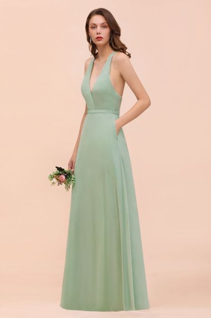 Mint Green V-Neck Sleeveless Bridesmaid Dress Aline Formal Dress
