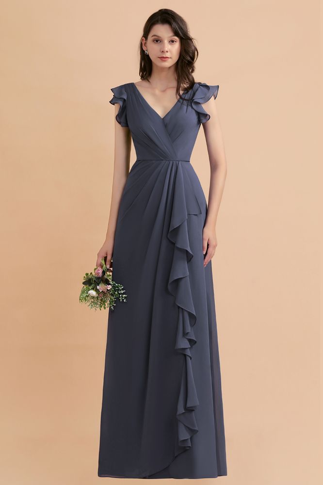 Ruffles Sleeves Chiffon Aline Wedding Party Dress Floor Length Evening Dress