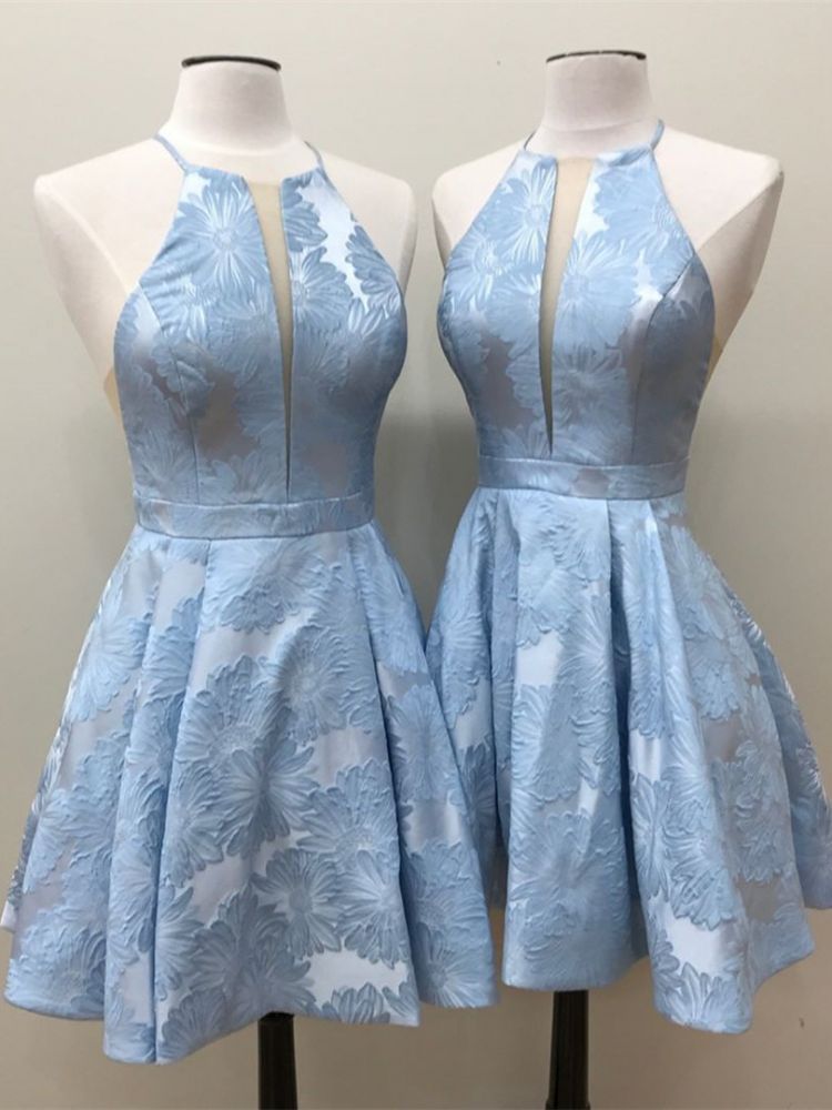 Deep-V-Neck Halter Appliques A-Line Sleeveless Homecoming Dress