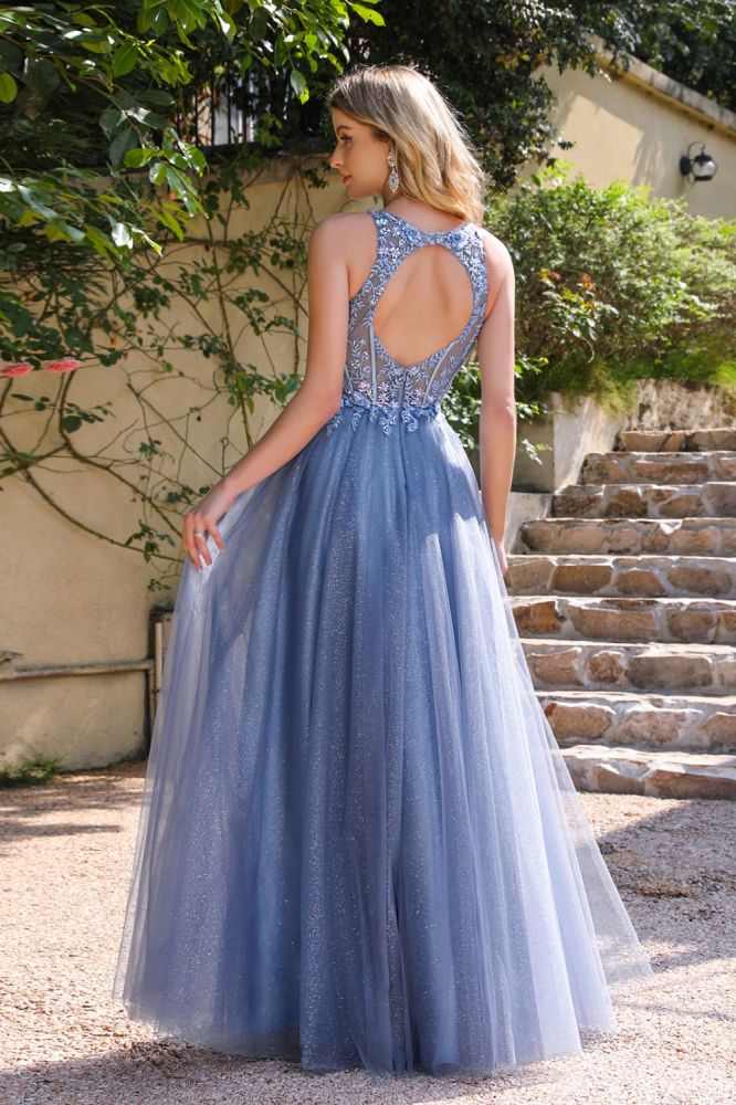 Chic Crew Neck Floor Length Prom Dress Tulle Lace Appliques A-line Evening Dress