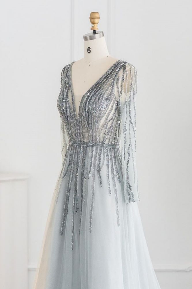 Elegant Sequins Beading A-line Eveing Party Dress V-neck Long Sleeves Tulle Party Gown