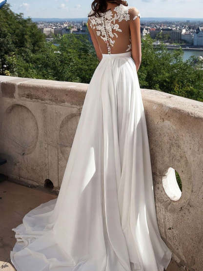 Cap sleeves High Split V-neck Lace Chiffon Wedding Dress