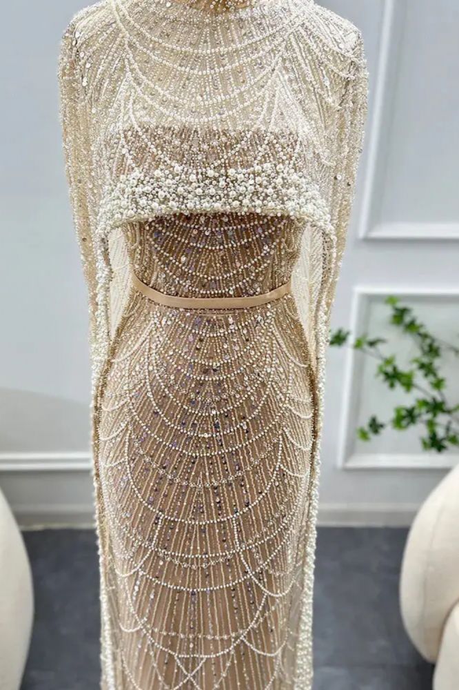 Glitter High Neck Beadings Mermaid Long Evening Dresses with Cape
