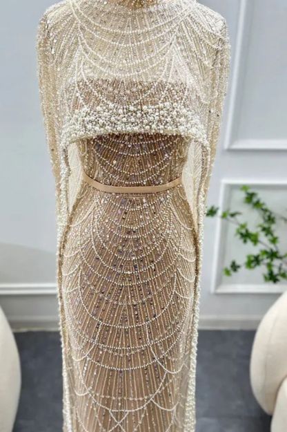 Glitter High Neck Beadings Mermaid Long Evening Dresses with Cape